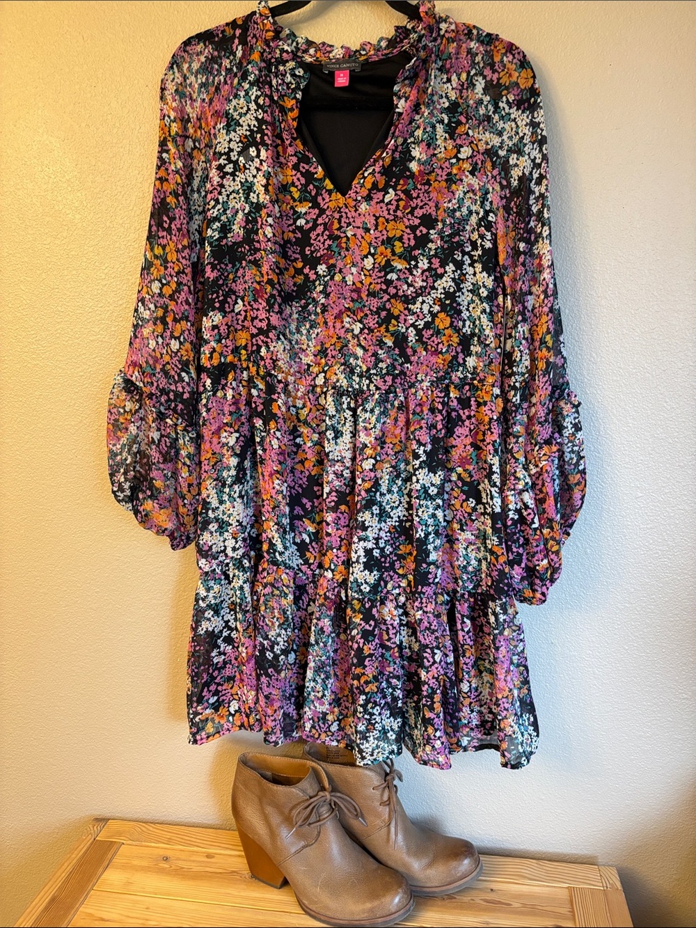 NEW! Vince Camuto MEDIUM Black Floral Tiered Mini Dress Sheer Bell Long Sleeve